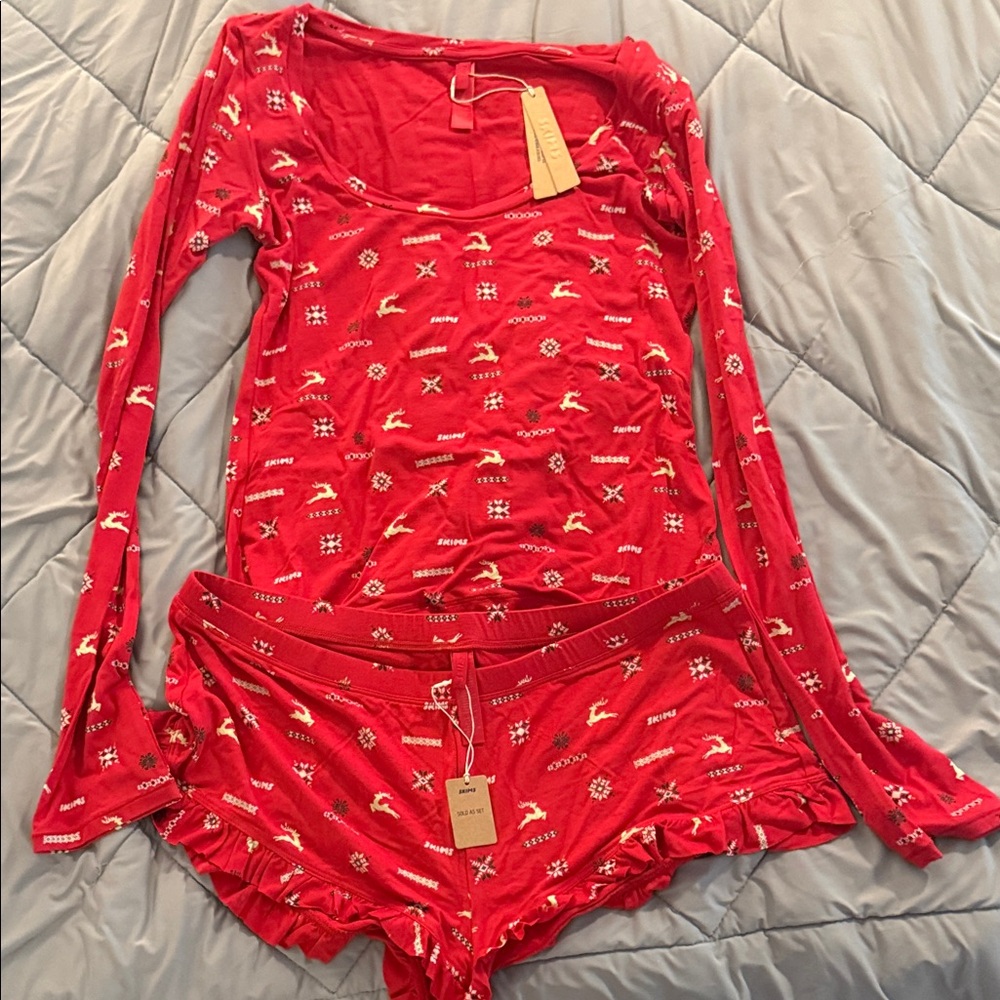 SKIMS Festive Red Women's Pajama Set